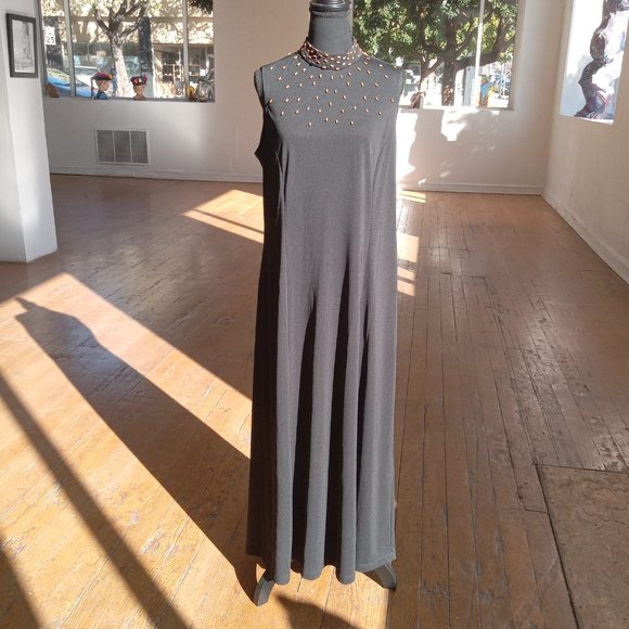 Cold Water Creek black Jersey elastic maxi dress with wood bead embellishment - Picture 3 of 11